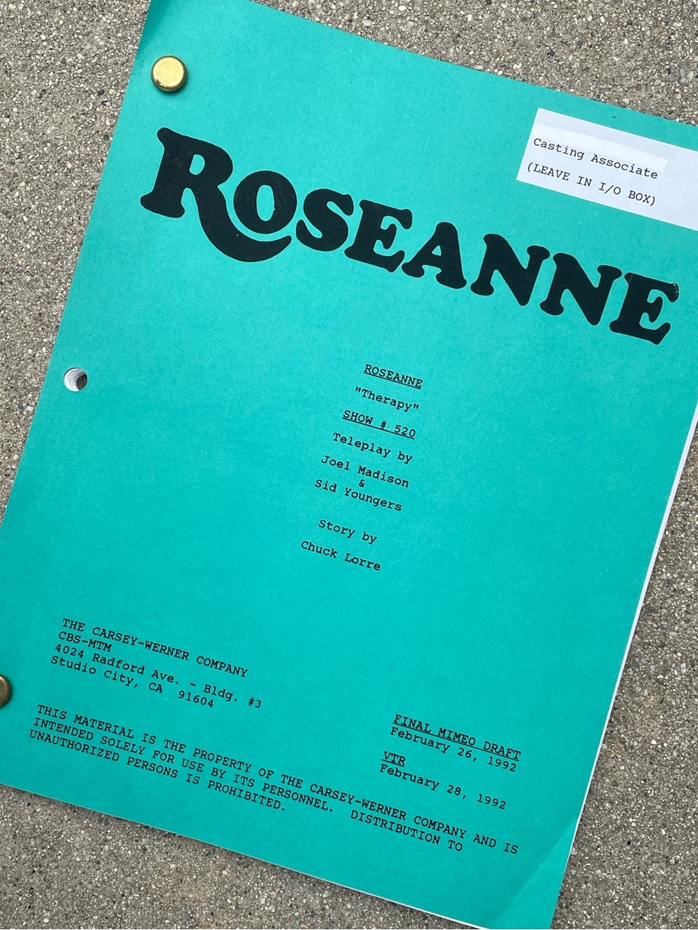 Roseanne Vtg 1992 Production Used Final Mimeo Draft Script Therapy CHUCK LORRE!!